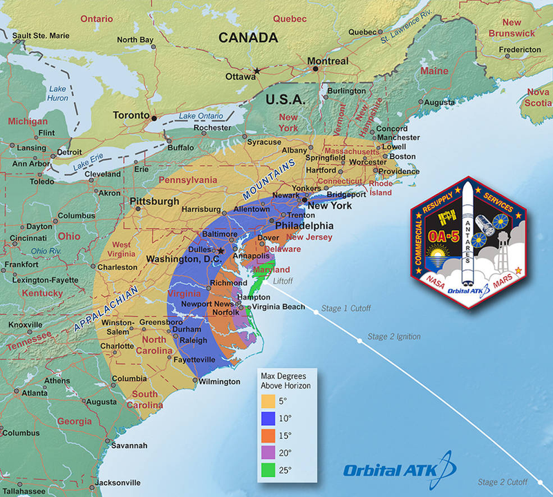 Maximum elevation, in degrees, that the Antares rocket will be visible above the horizon depending on your location. Image: Orbital ATK/NASA